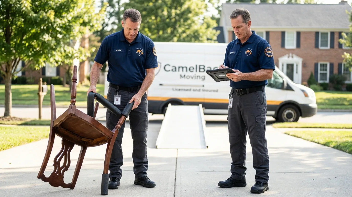 Movers inspecting furniture for damage prevention before loading in Christiana, PA