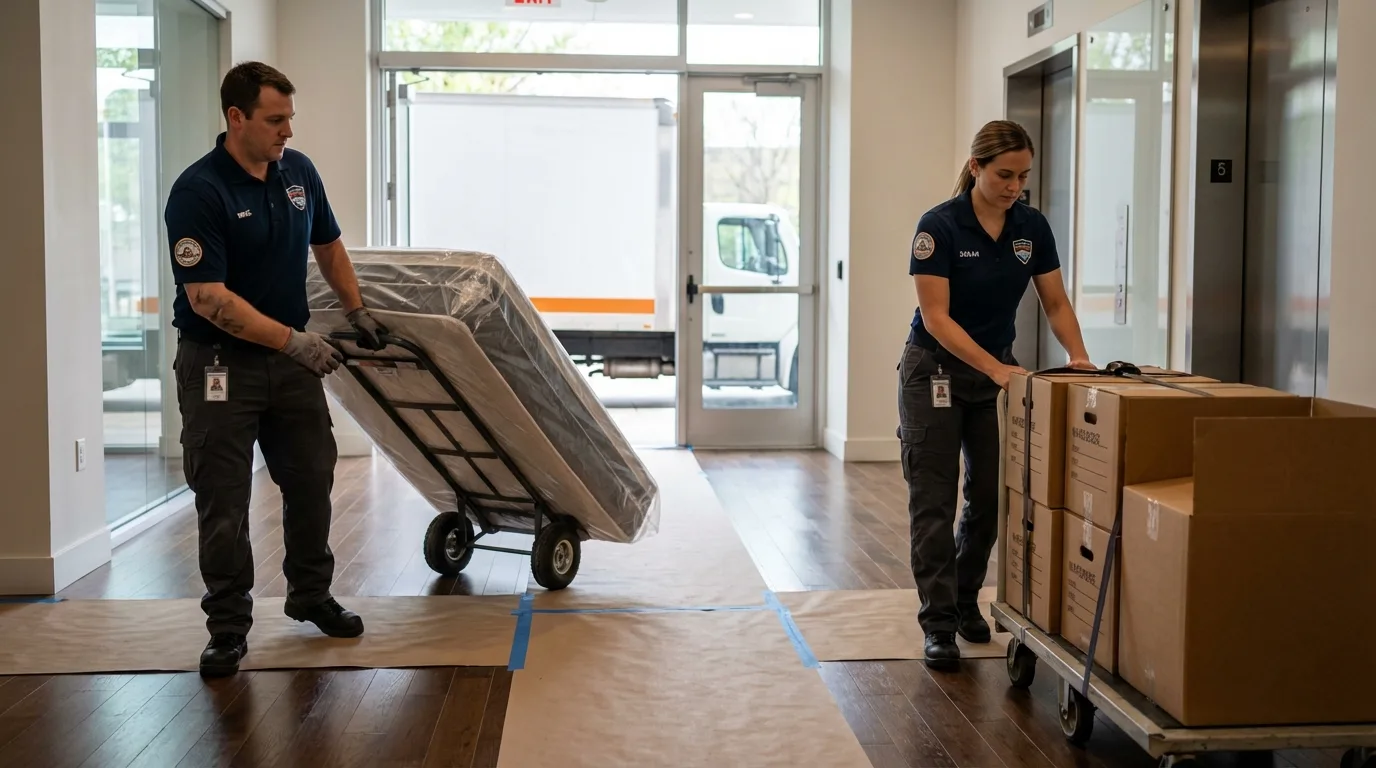Professional apartment movers loading elevator in Christiana, PA