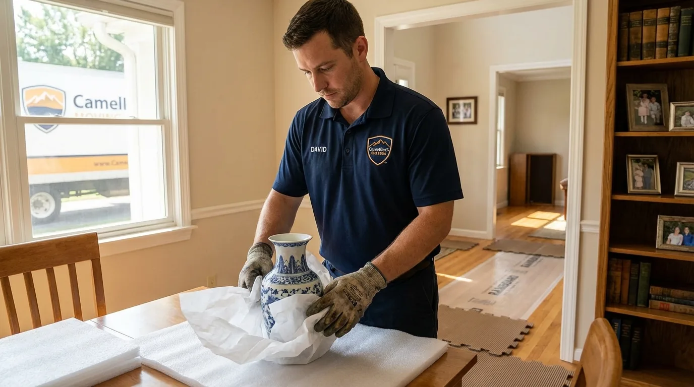 Professional crew carefully wrapping antique vase for senior downsizing move in Christiana, PA